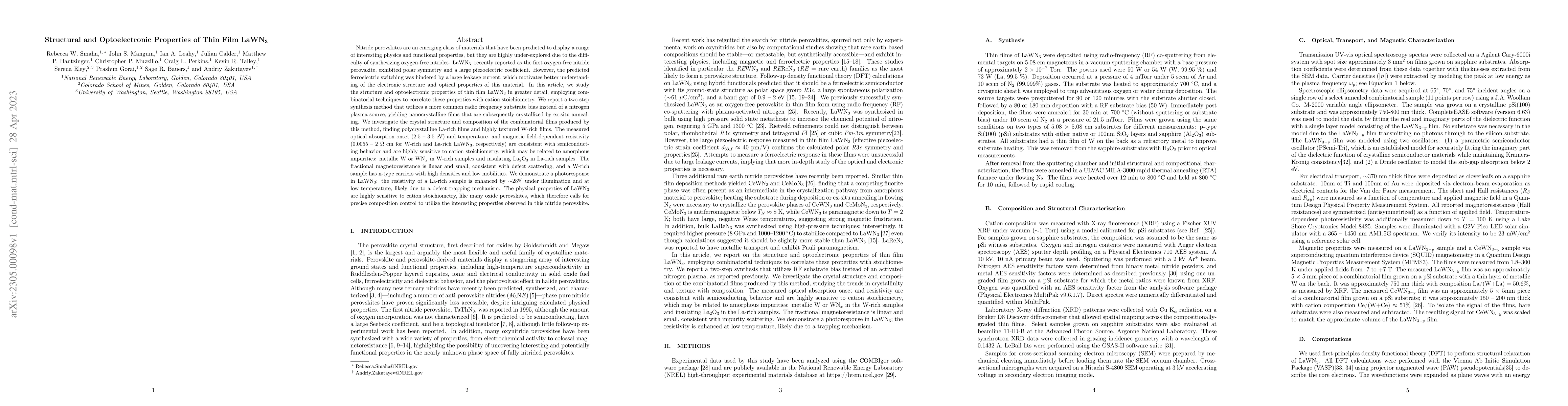 Thumbnail for Structural and Optoelectronic Properties of Thin Film LaWN$_3$