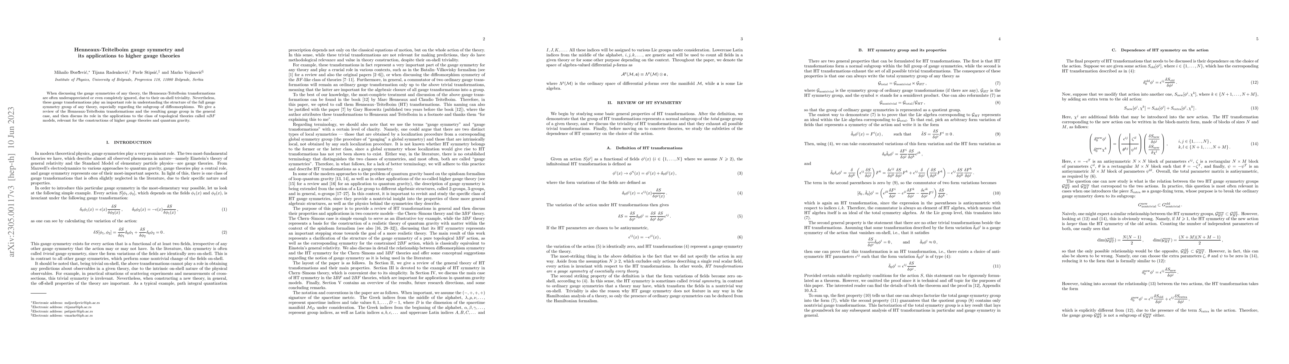 Thumbnail for Henneaux-Teitelboim gauge symmetry and its applications to higher gauge
  theories