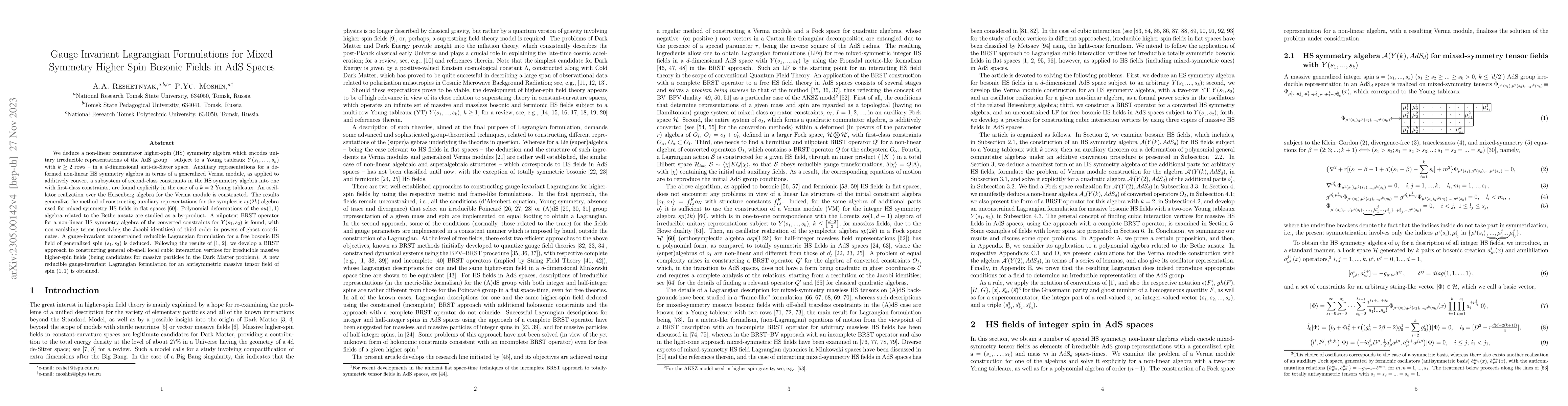 Thumbnail for Gauge Invariant Lagrangian Formulations for Mixed Symmetry Higher Spin
  Bosonic Fields in AdS Spaces