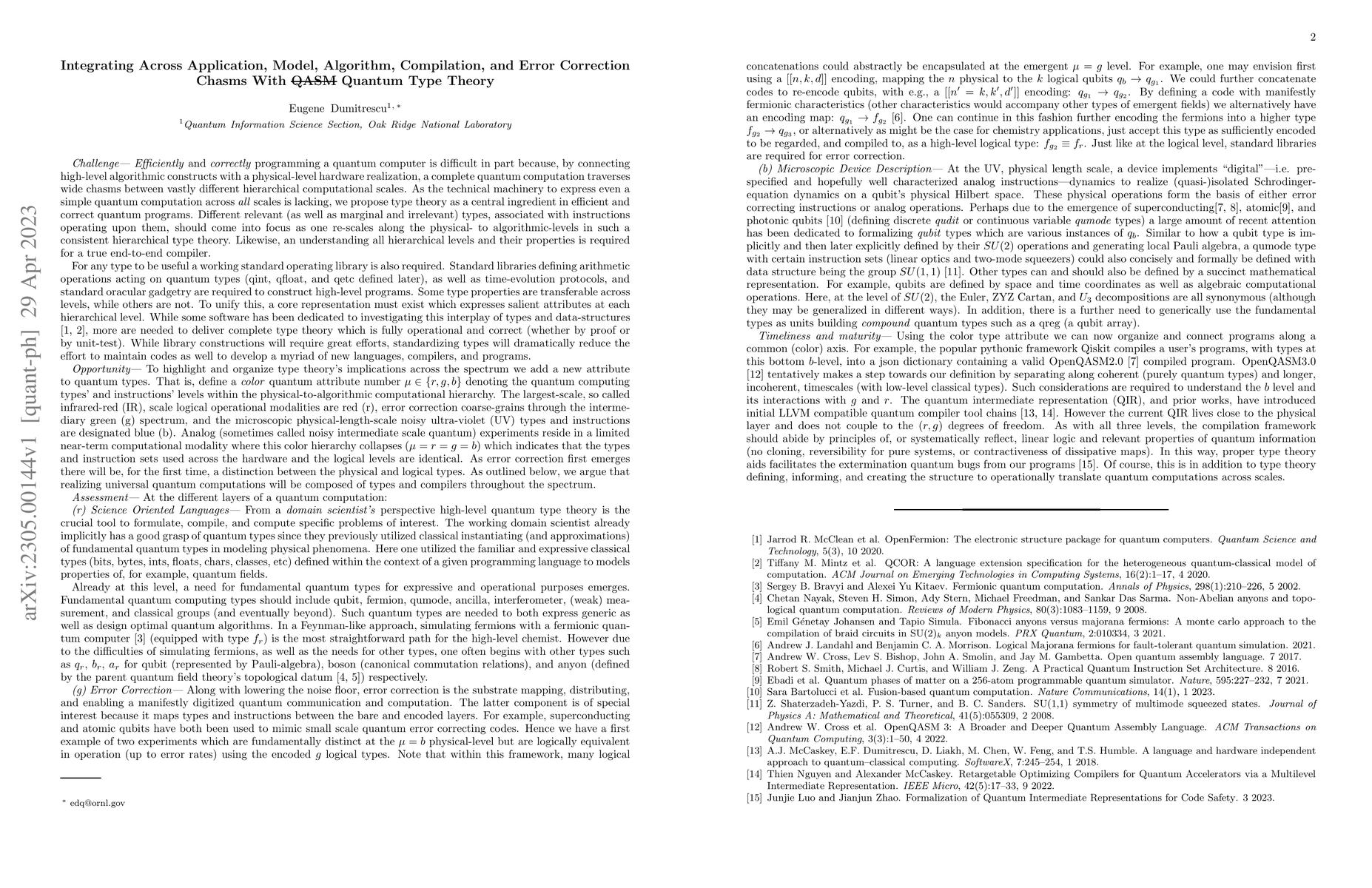 Thumbnail for Integrating Across Application, Model, Algorithm, Compilation, and Error
  Correction Chasms With Quantum Type Theory