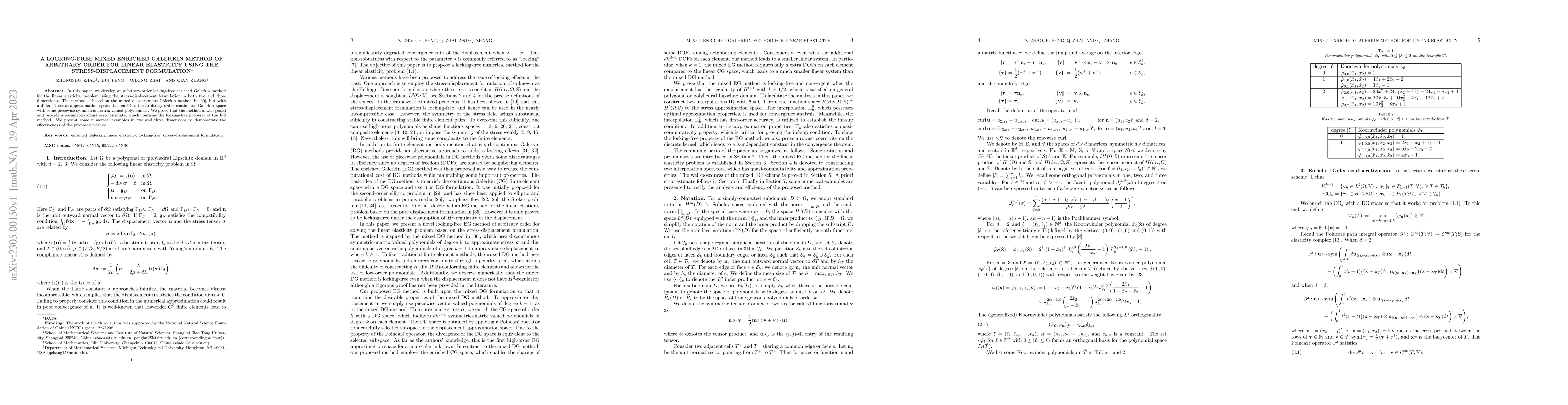 Thumbnail for A locking-free mixed enriched Galerkin method of arbitrary order for
  linear elasticity using the stress-displacement formulation