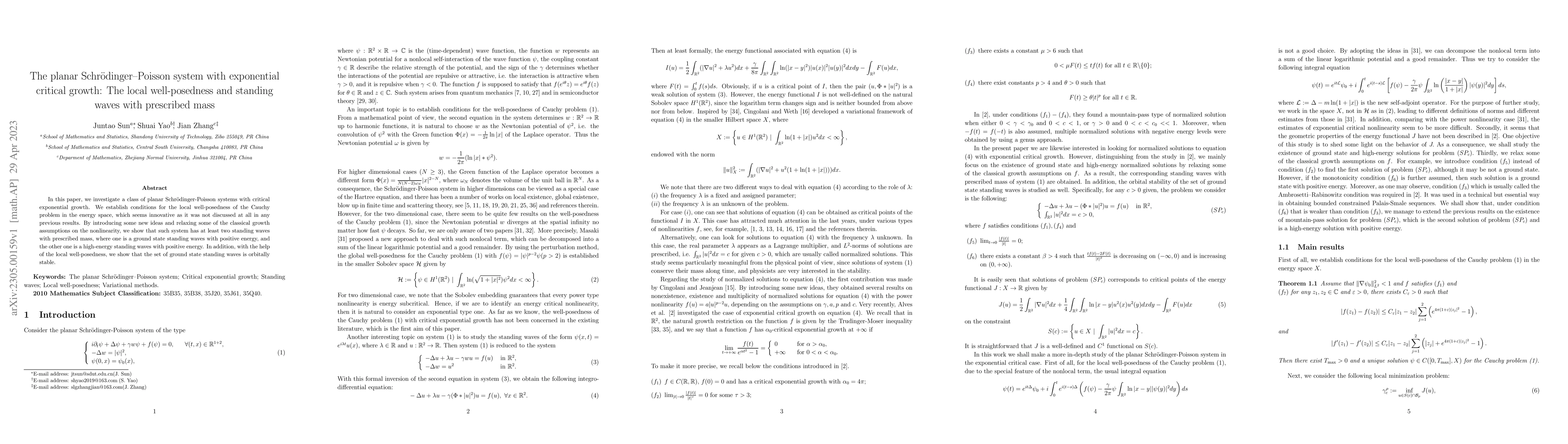 Thumbnail for The planar Schrodinger--Poisson system with exponential critical growth:
  The local well-posedness and standing waves with prescribed mass
