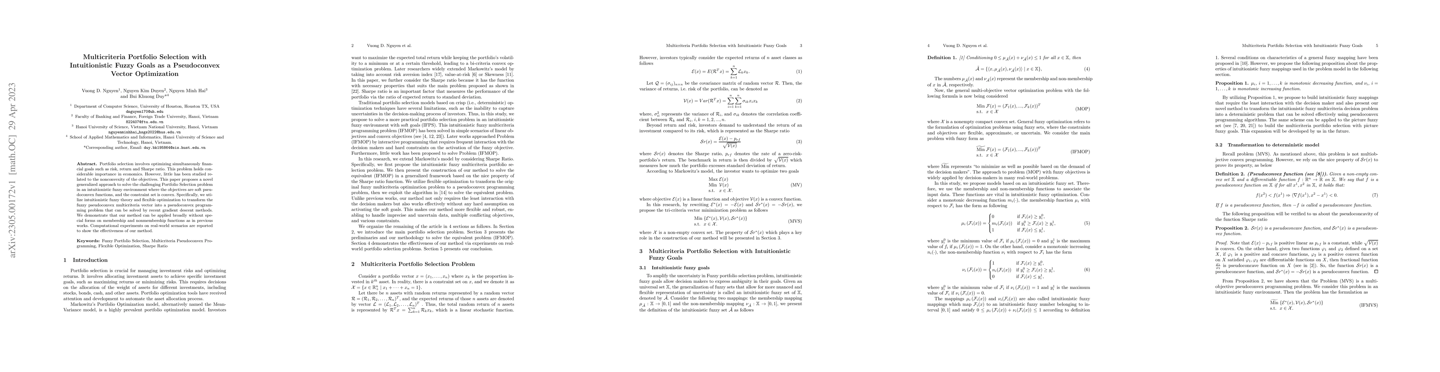 Thumbnail for Multicriteria Portfolio Selection with Intuitionistic Fuzzy Goals as a
  Pseudoconvex Vector Optimization