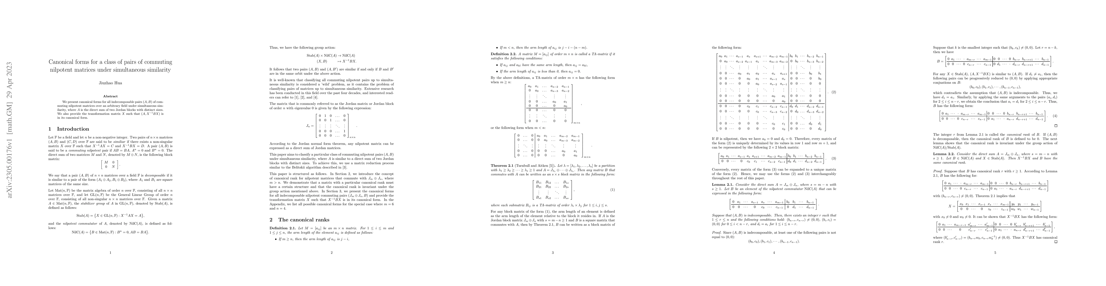 Thumbnail for Canonical forms for a class of pairs of commuting nilpotent matrices
  under simultaneous similarity