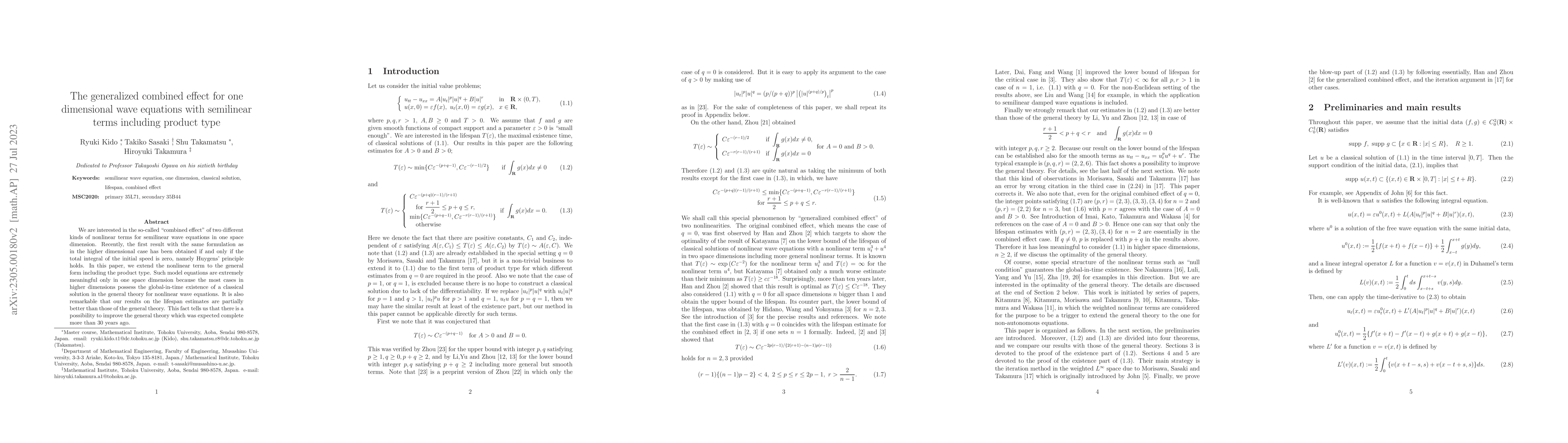 Thumbnail for The generalized combined effect for one dimensional wave equations with
  semilinear terms including product type