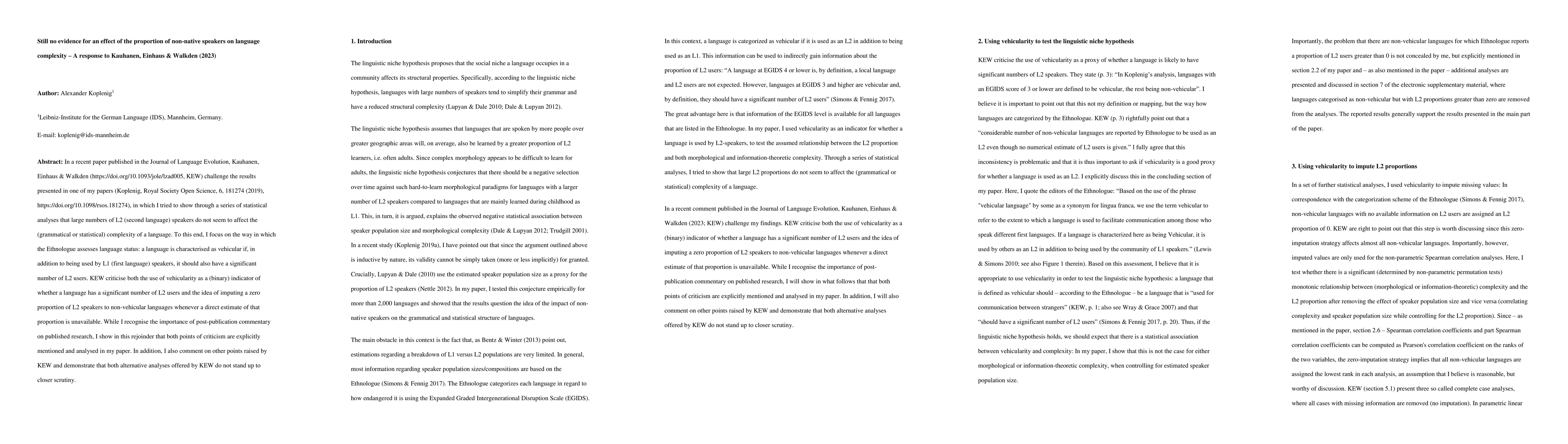 Thumbnail for Still no evidence for an effect of the proportion of non-native speakers
  on language complexity -- A response to Kauhanen, Einhaus & Walkden (2023)