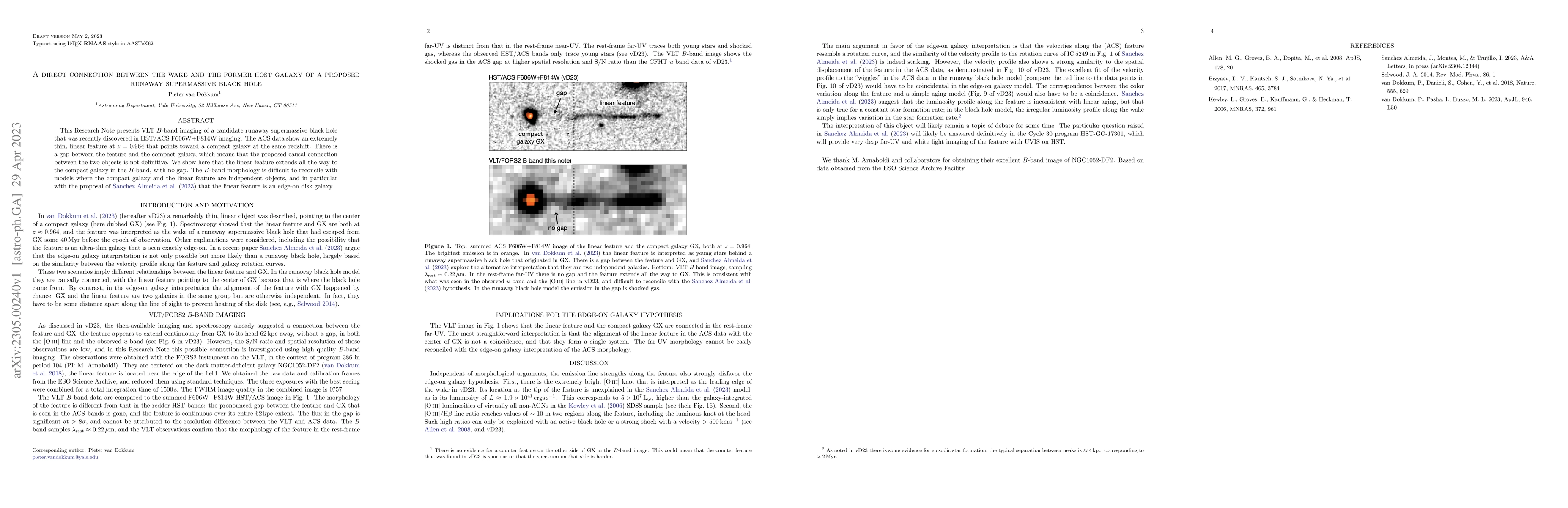 Thumbnail for A direct connection between the wake and the former host galaxy of a
  proposed runaway supermassive black hole