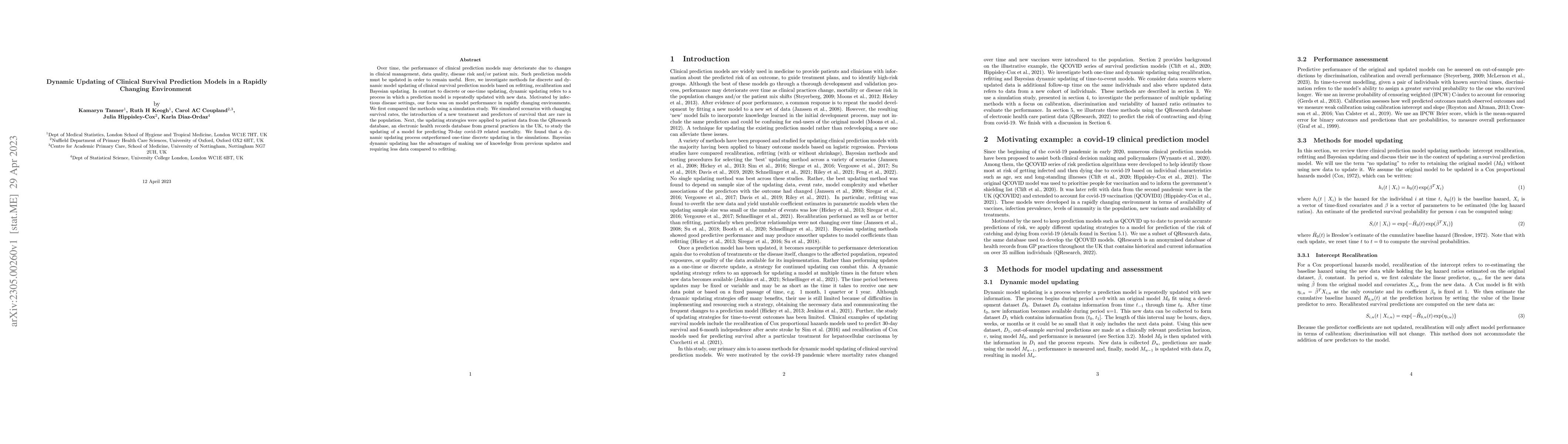 Thumbnail for Dynamic Updating of Clinical Survival Prediction Models in a Rapidly
  Changing Environment