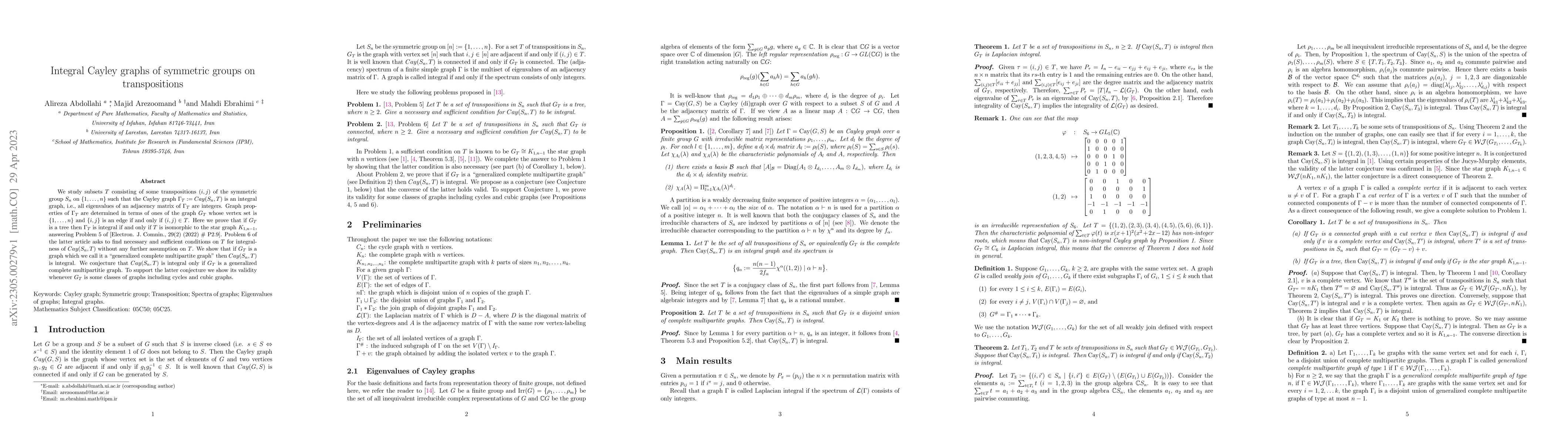 Thumbnail for Integral Cayley graphs of symmetric groups on transpositions