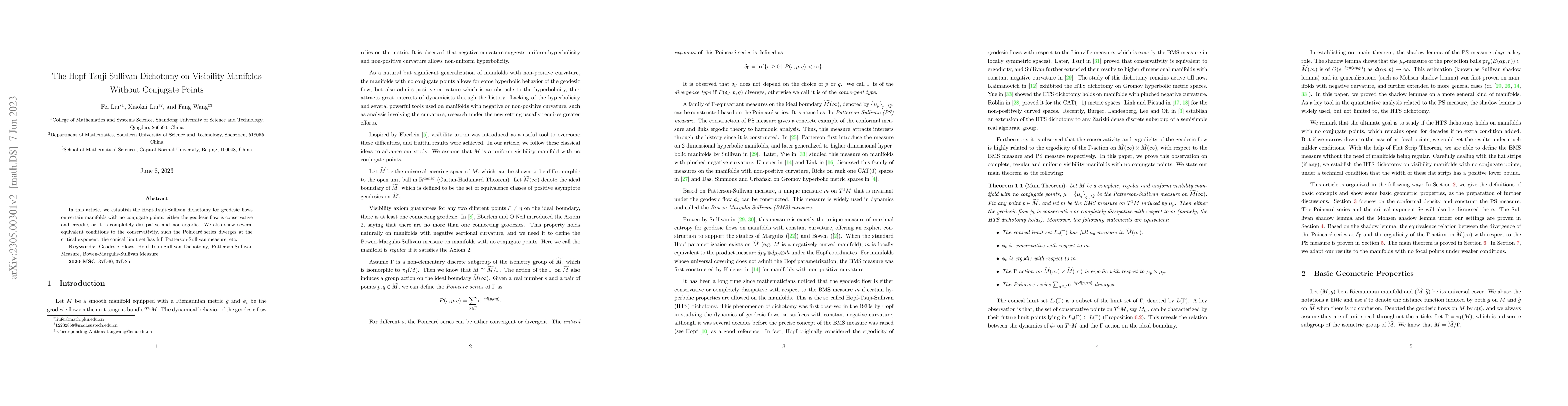 Thumbnail for The Hopf-Tsuji-Sullivan Dichotomy on Visibility Manifolds Without
  Conjugate Points