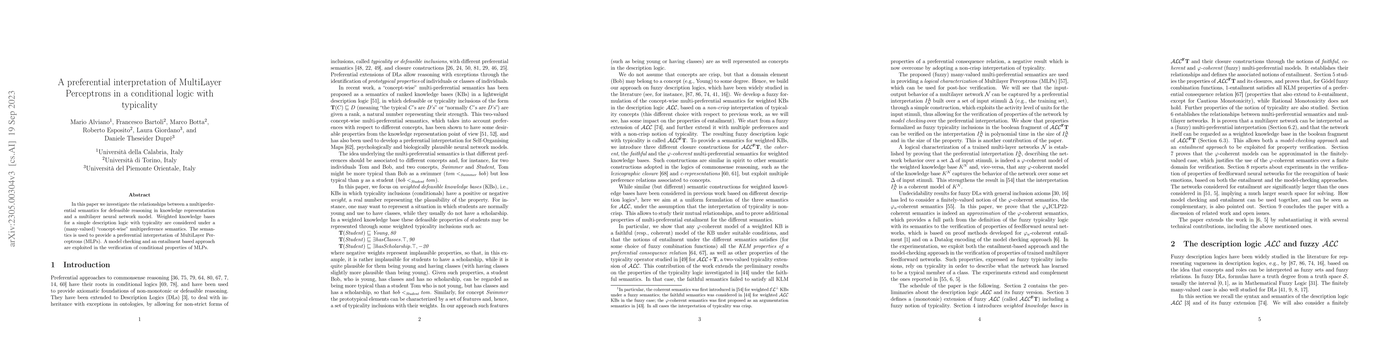 Thumbnail for A preferential interpretation of MultiLayer Perceptrons in a conditional
  logic with typicality