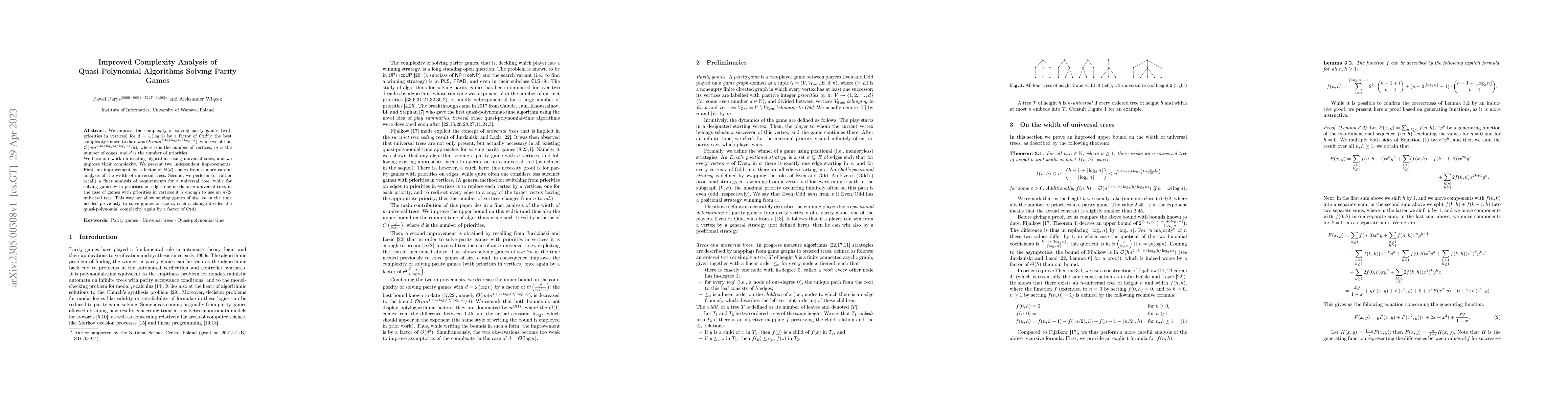 Thumbnail for Improved Complexity Analysis of Quasi-Polynomial Algorithms Solving
  Parity Games