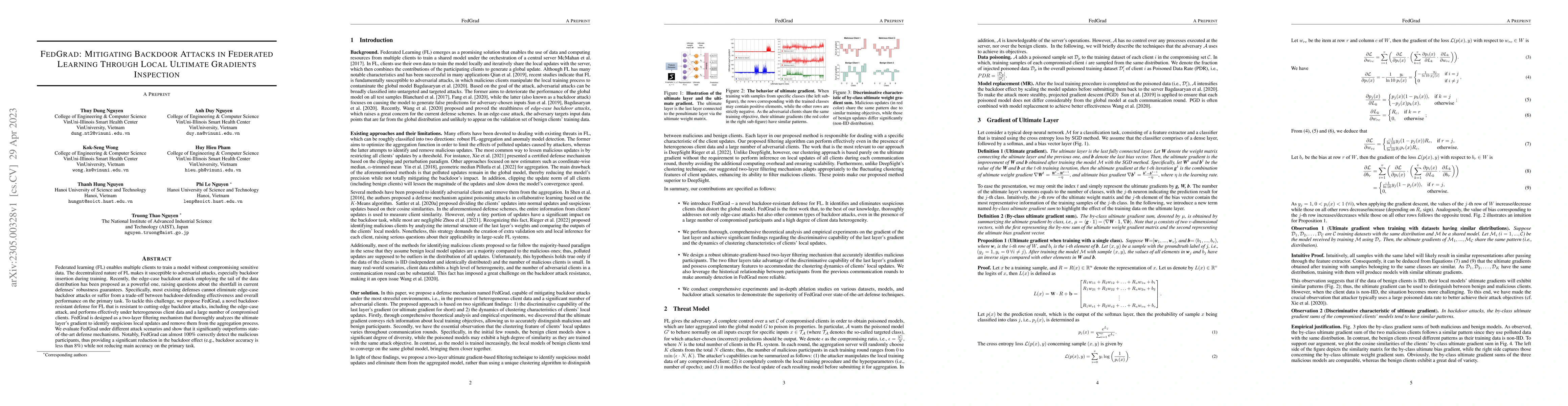 Thumbnail for FedGrad: Mitigating Backdoor Attacks in Federated Learning Through Local
  Ultimate Gradients Inspection