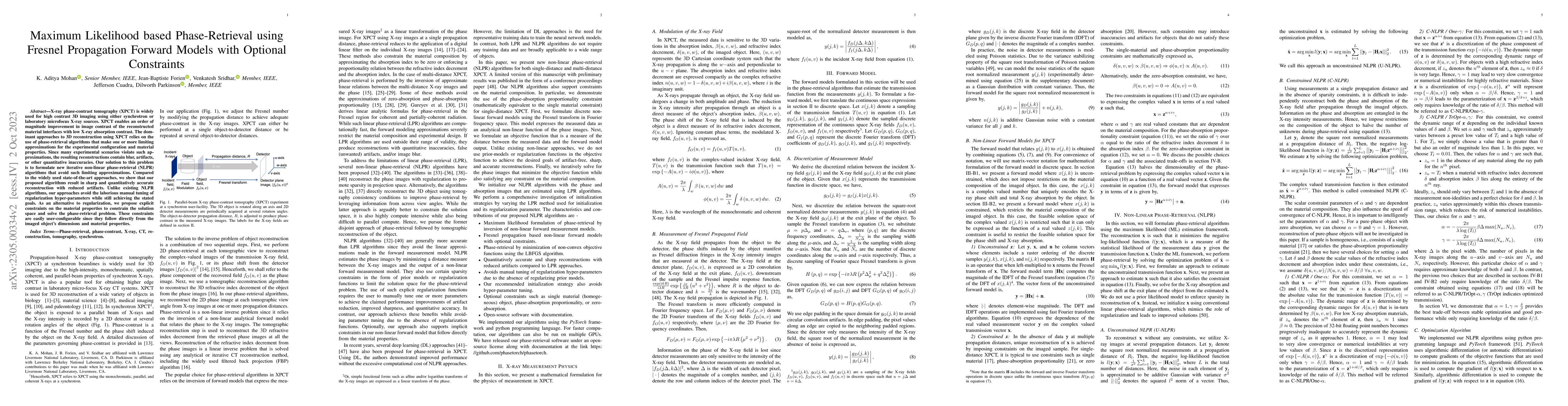 Thumbnail for Maximum Likelihood based Phase-Retrieval using Fresnel Propagation
  Forward Models with Optional Constraints