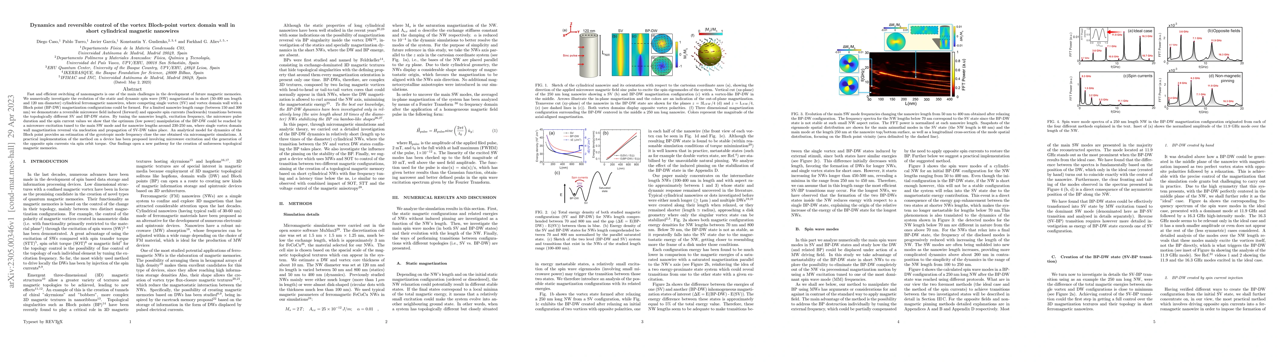 Thumbnail for Dynamics and reversible control of the vortex Bloch-point vortex domain
  wall in short cylindrical magnetic nanowires
