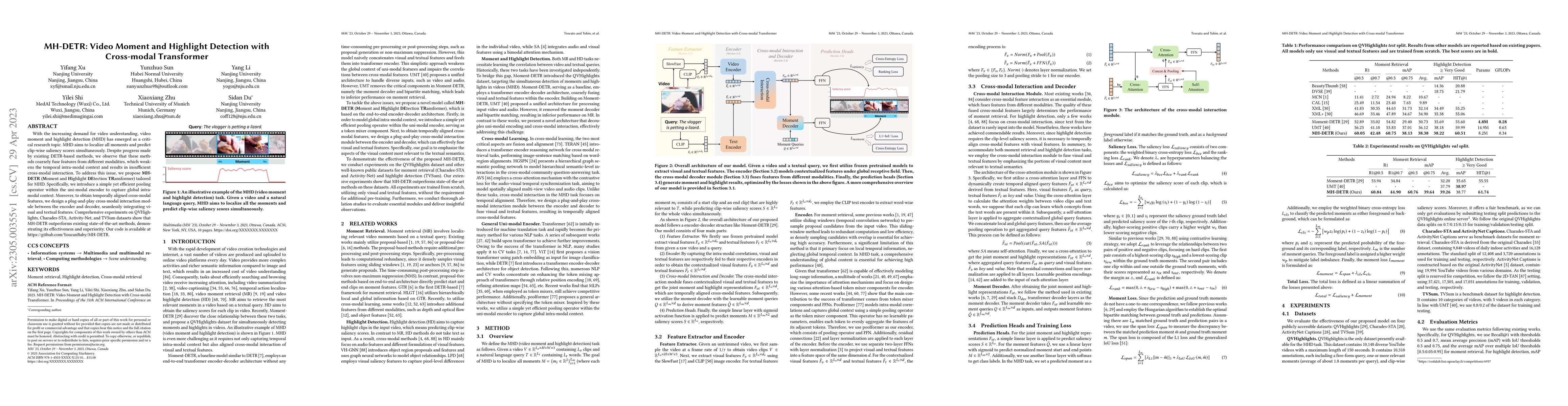 Thumbnail for MH-DETR: Video Moment and Highlight Detection with Cross-modal
  Transformer