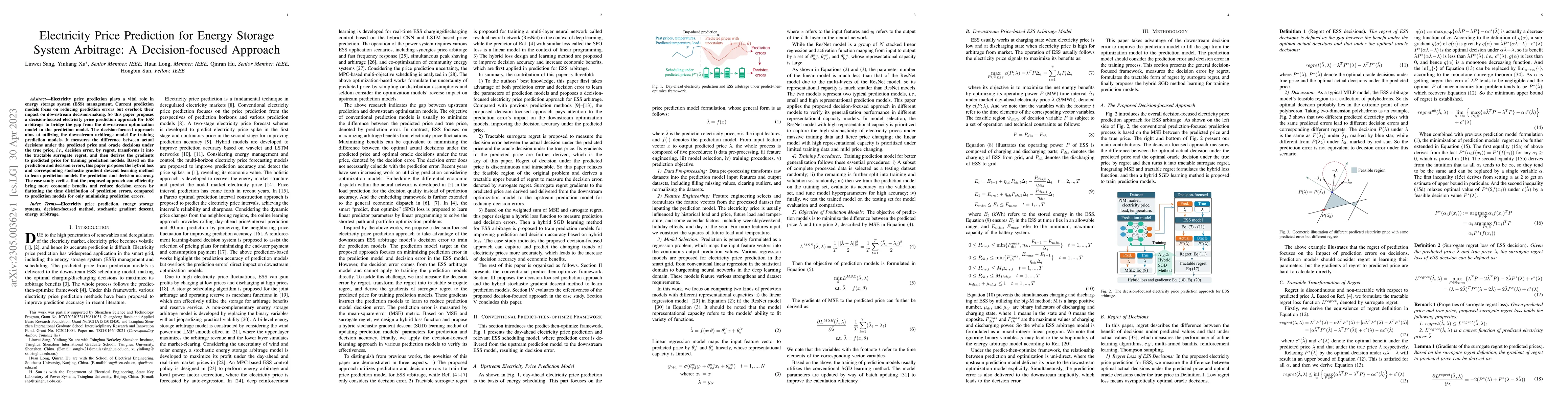 Thumbnail for Electricity Price Prediction for Energy Storage System Arbitrage: A
  Decision-focused Approach