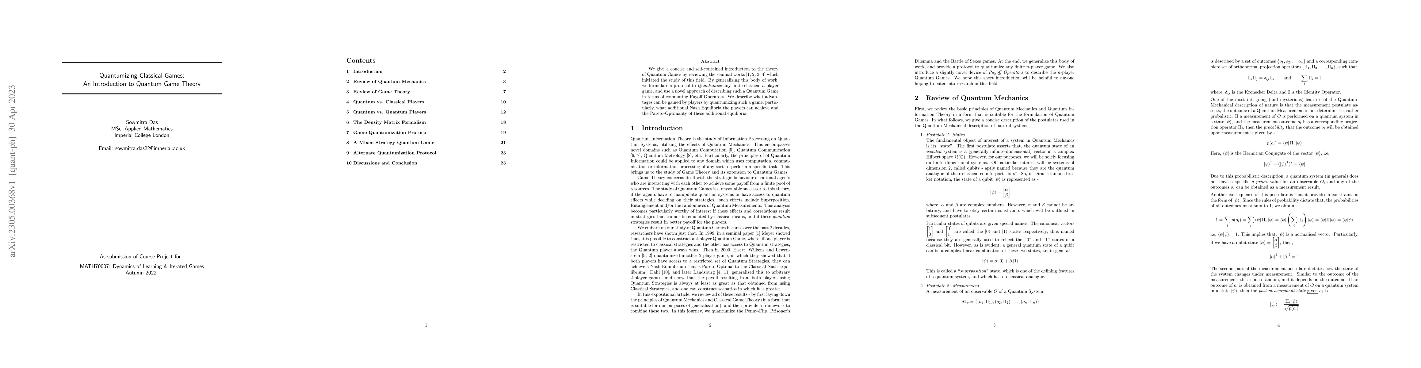 Thumbnail for Quantumizing Classical Games: An Introduction to Quantum Game Theory