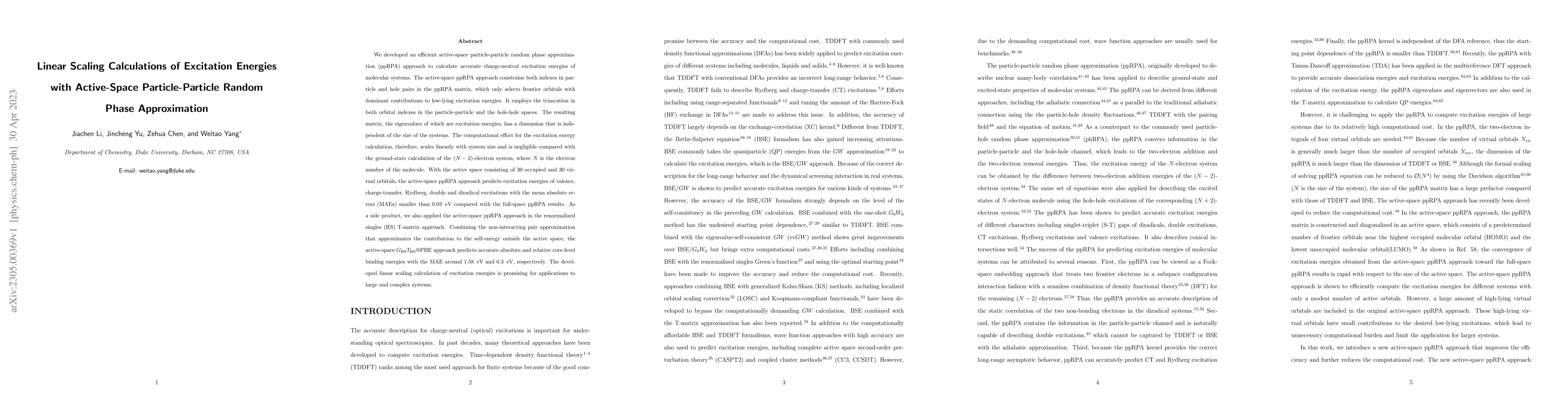 Thumbnail for Linear Scaling Calculations of Excitation Energies with Active-Space
  Particle-Particle Random Phase Approximation