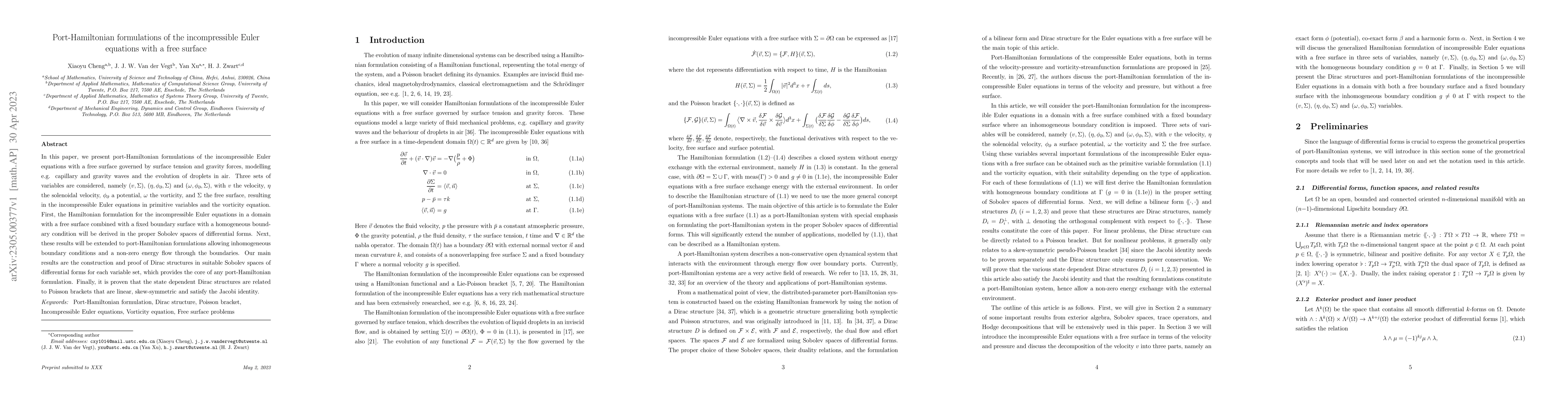 Thumbnail for Port-Hamiltonian formulations of the incompressible Euler equations with
  a free surface