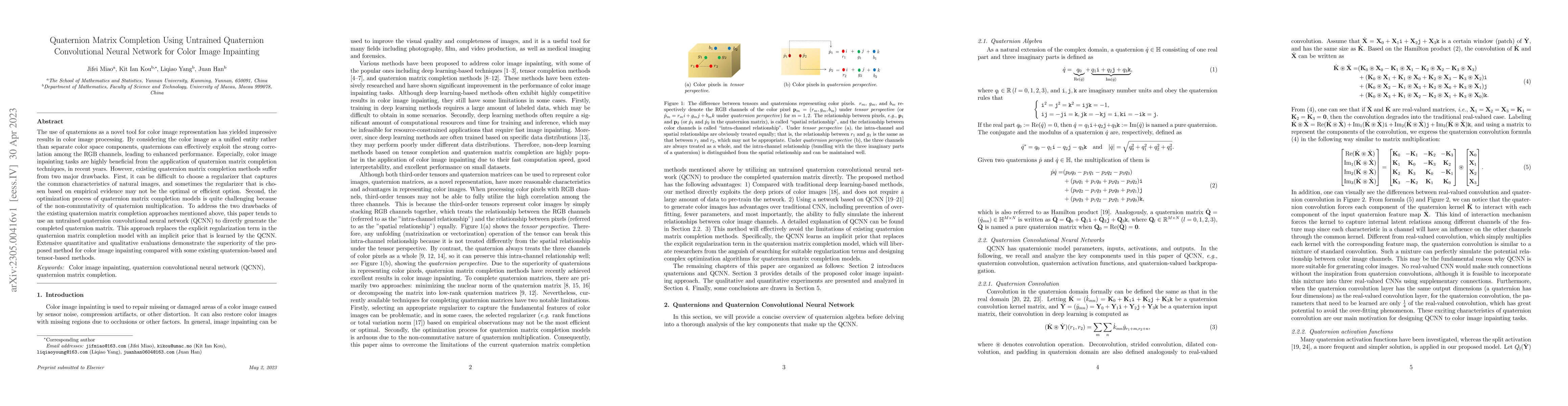 Thumbnail for Quaternion Matrix Completion Using Untrained Quaternion Convolutional
  Neural Network for Color Image Inpainting