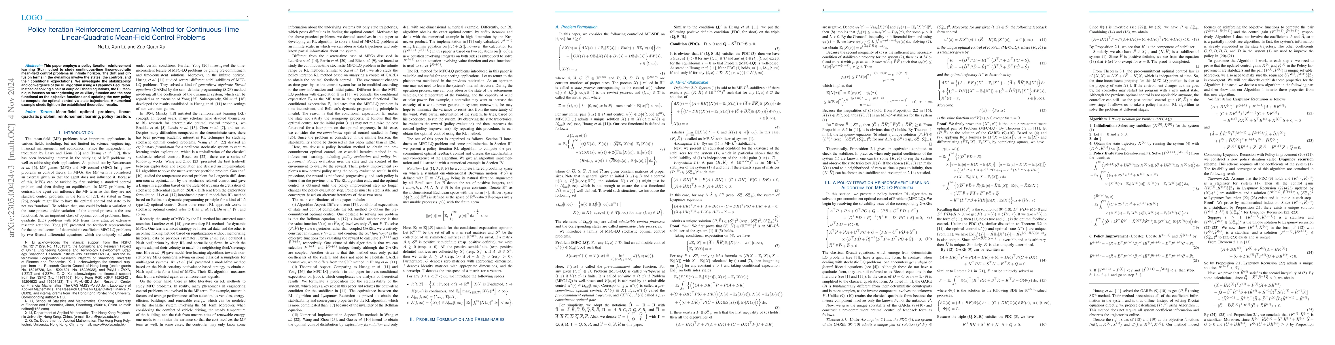 Thumbnail for Policy Iteration Reinforcement Learning Method for Continuous-time
  Mean-Field Linear-Quadratic Optimal Problem