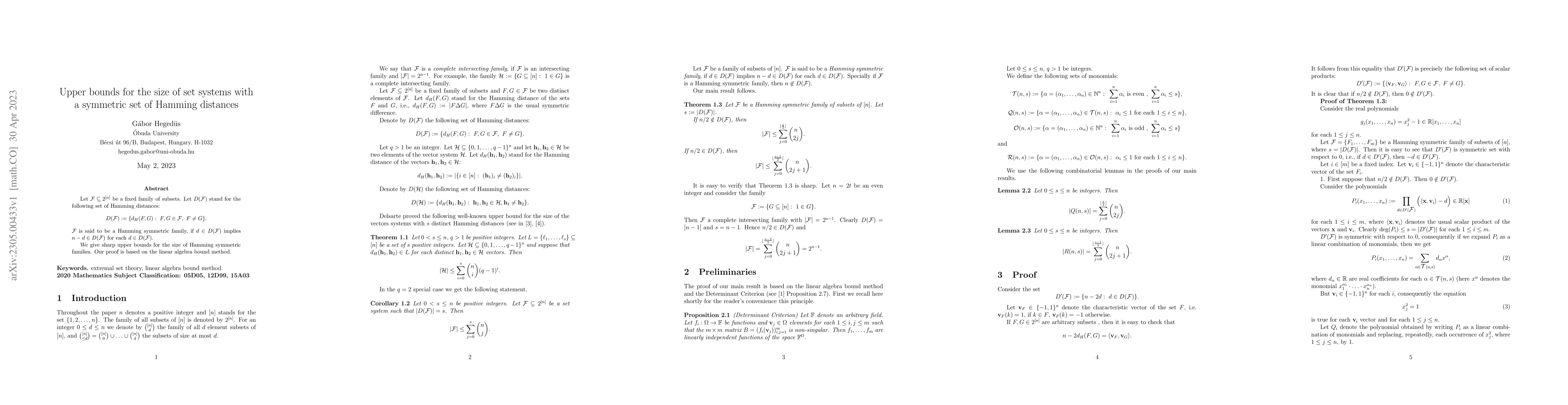 Thumbnail for Upper bounds for the size of set systems with a symmetric set of Hamming
  distances