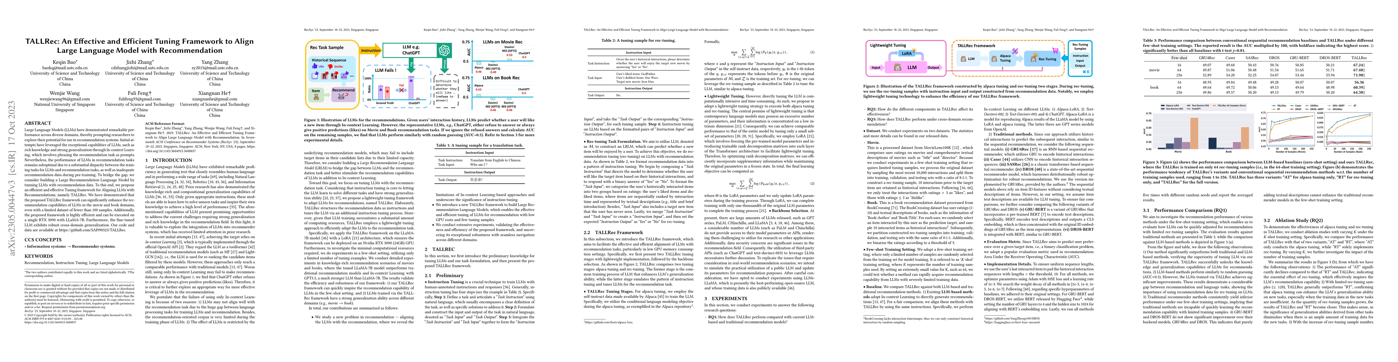 Thumbnail for TALLRec: An Effective and Efficient Tuning Framework to Align Large
  Language Model with Recommendation