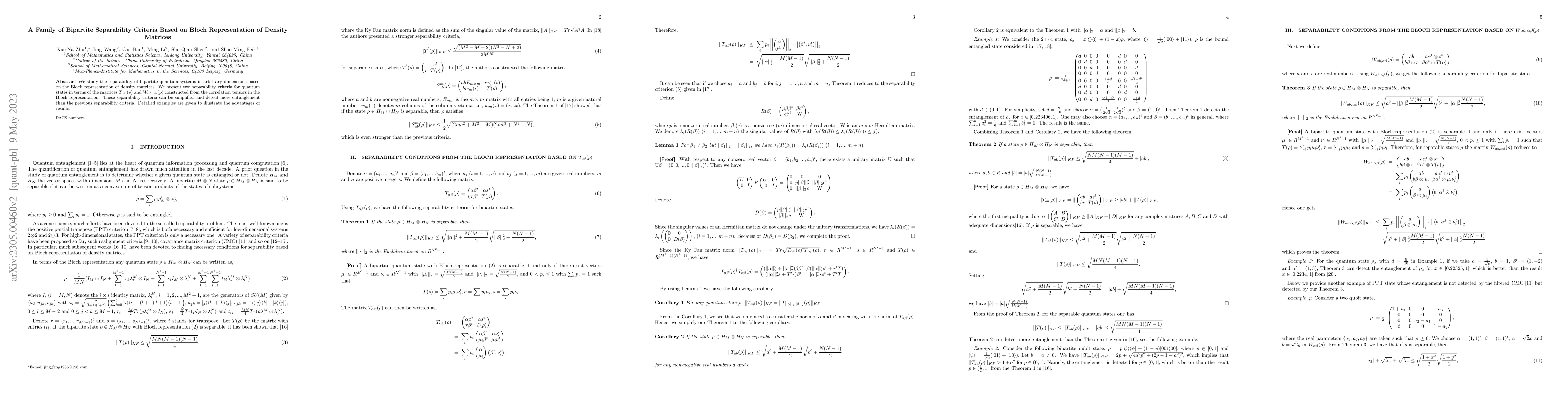 Thumbnail for A Family of Bipartite Separability Criteria Based on Bloch
  Representation of Density Matrices