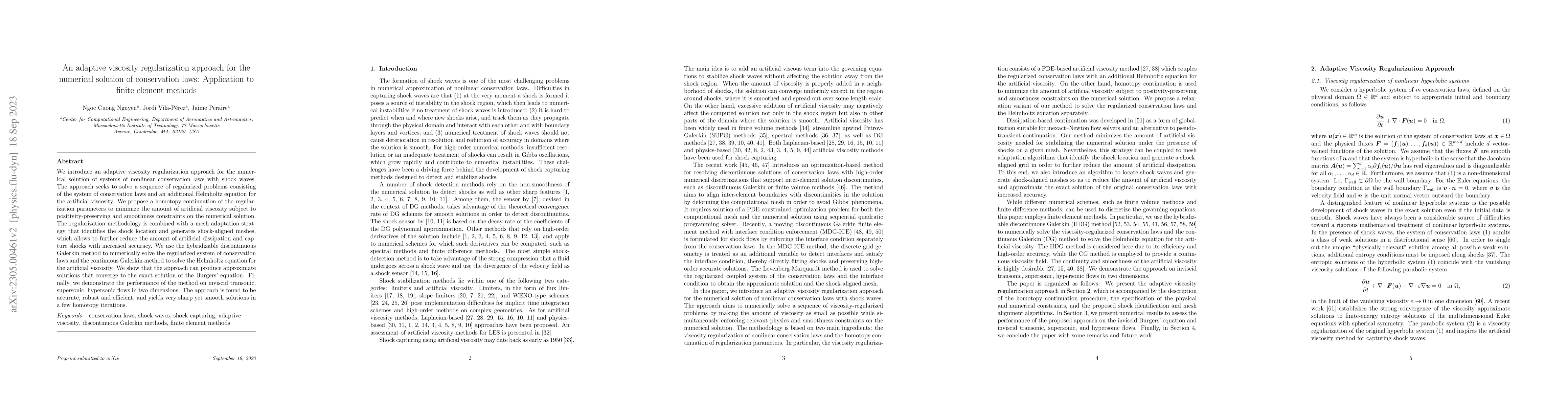 Thumbnail for An adaptive viscosity regularization approach for the numerical solution
  of conservation laws: Application to finite element methods