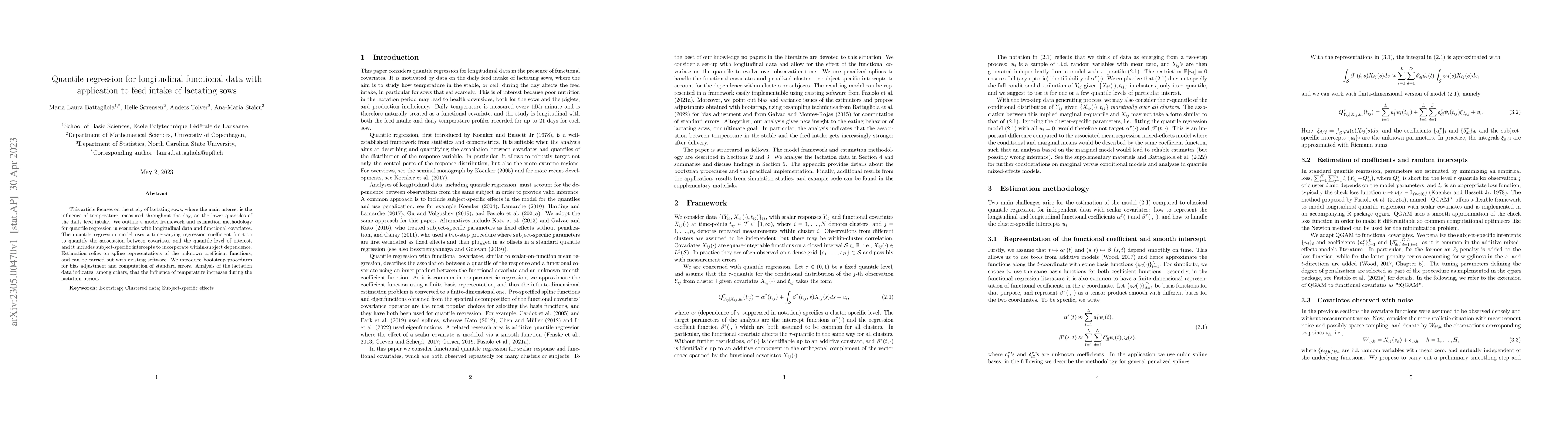 Thumbnail for Quantile regression for longitudinal functional data with application to
  feed intake of lactating sows