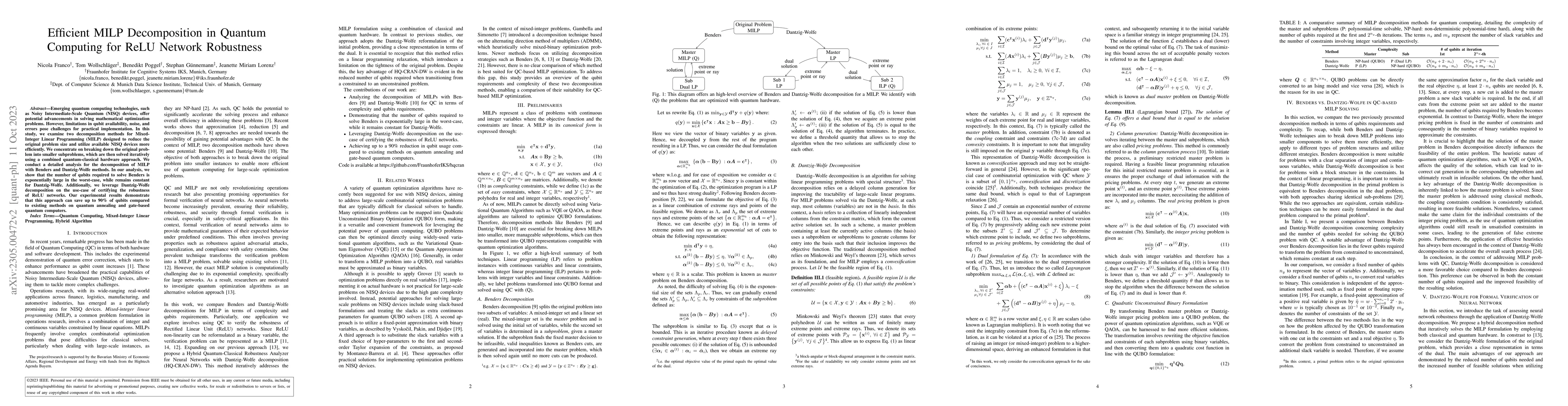 Thumbnail for Efficient MILP Decomposition in Quantum Computing for ReLU Network
  Robustness