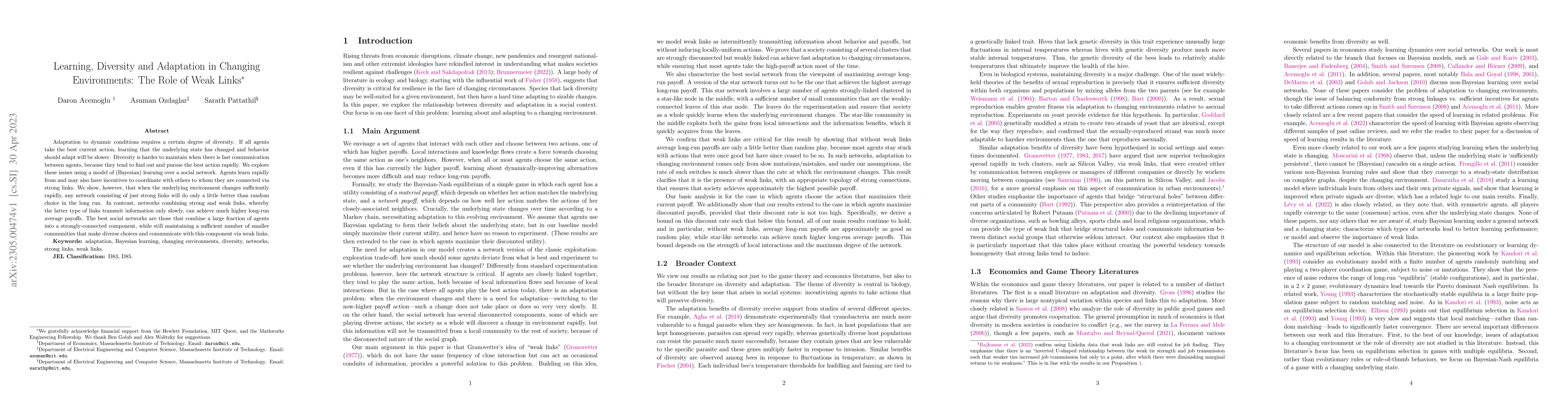 Thumbnail for Learning, Diversity and Adaptation in Changing Environments: The Role of
  Weak Links