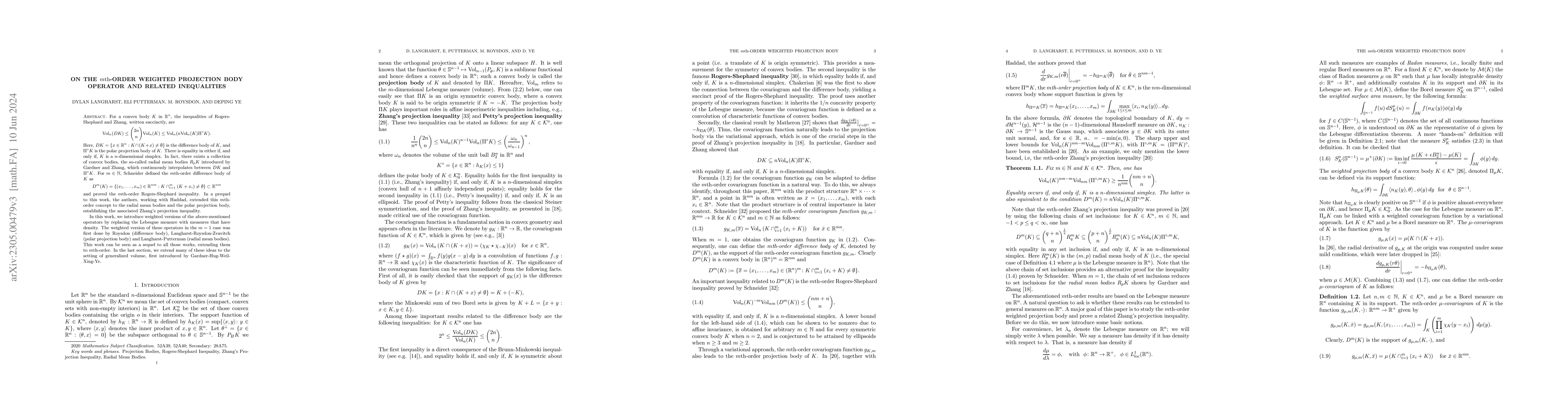 Thumbnail for On the $m\mathrm{th}$-Order Weighted Projection Body Operator and
  Related Inequalities