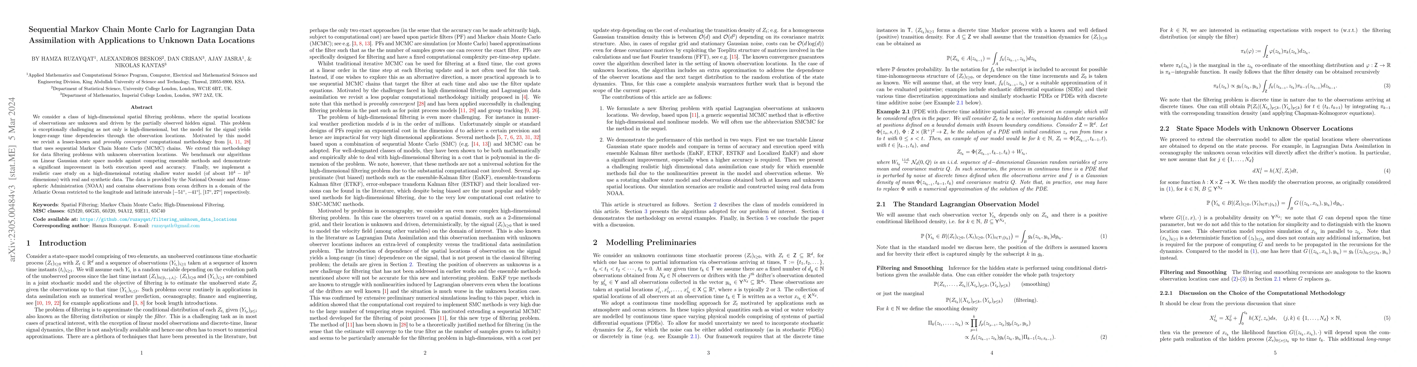 Thumbnail for Sequential Markov Chain Monte Carlo for Lagrangian Data Assimilation
  with Applications to Unknown Data Locations