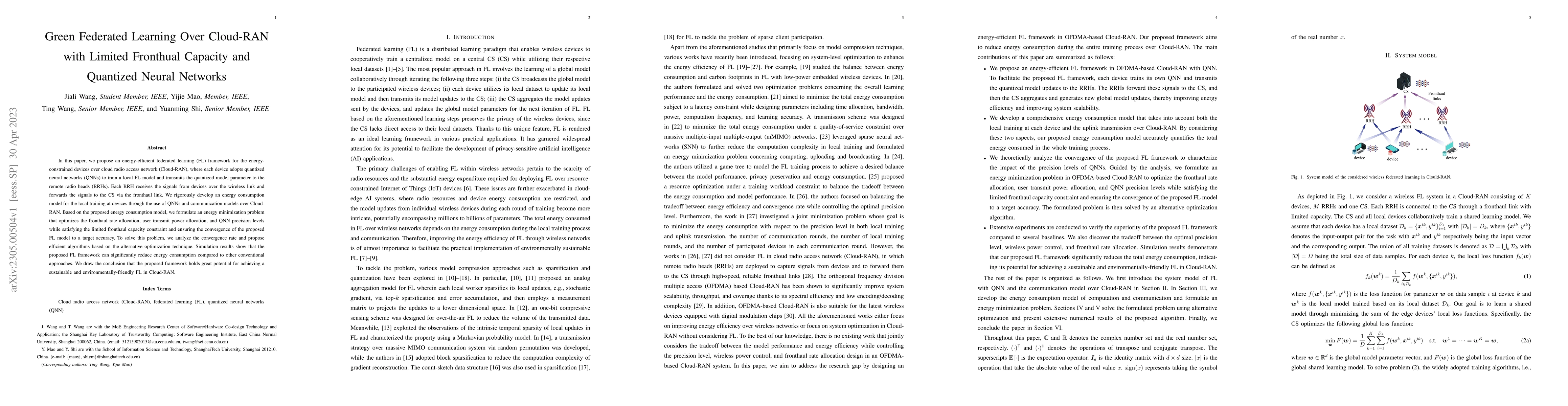 Thumbnail for Green Federated Learning Over Cloud-RAN with Limited Fronthual Capacity
  and Quantized Neural Networks