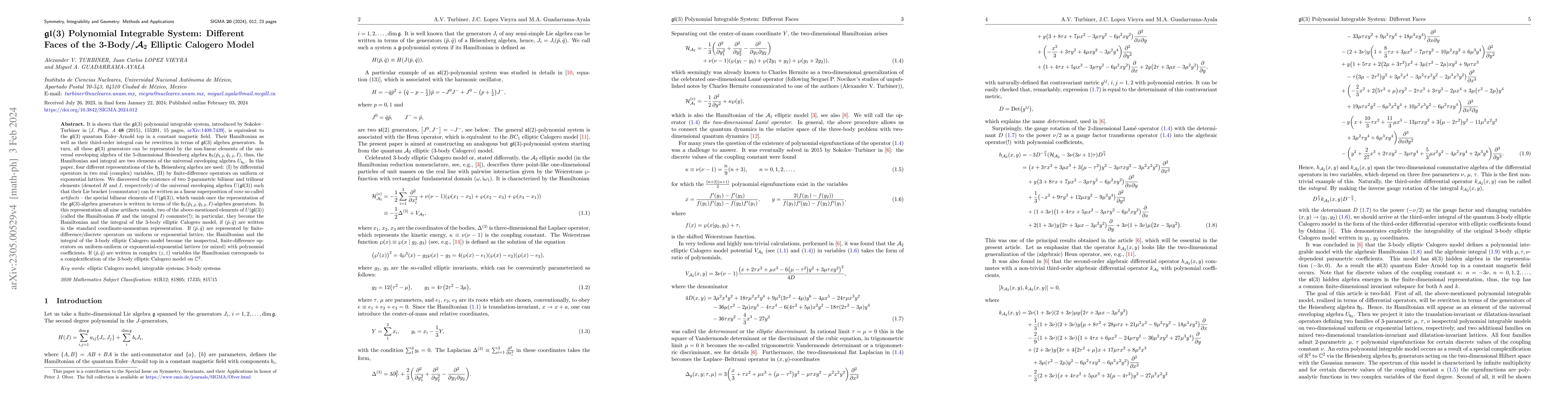 Thumbnail for $\mathfrak{gl}(3)$ Polynomial Integrable System: Different Faces of the
  3-Body/${\mathcal A}_2$ Elliptic Calogero Model
