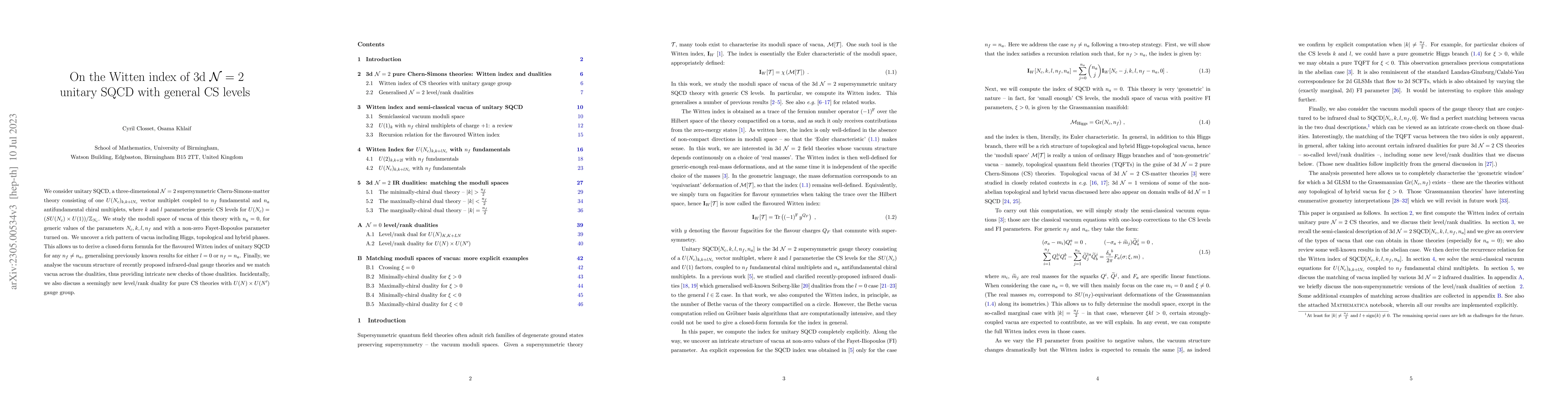 Thumbnail for On the Witten index of 3d $\mathcal{N}=2$ unitary SQCD with general CS
  levels