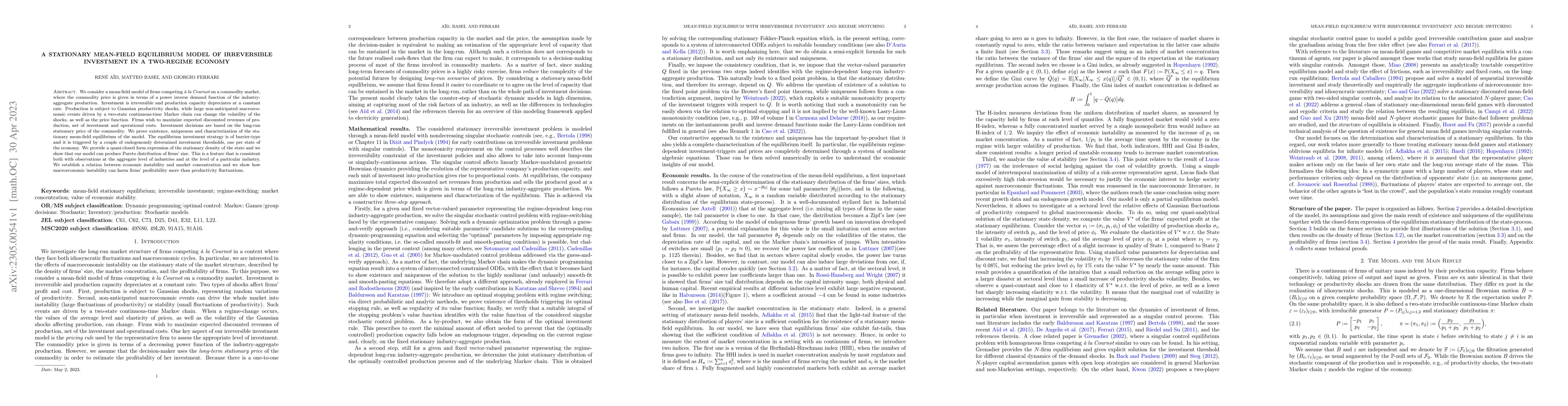 Thumbnail for A Stationary Mean-Field Equilibrium Model of Irreversible Investment in
  a Two-Regime Economy