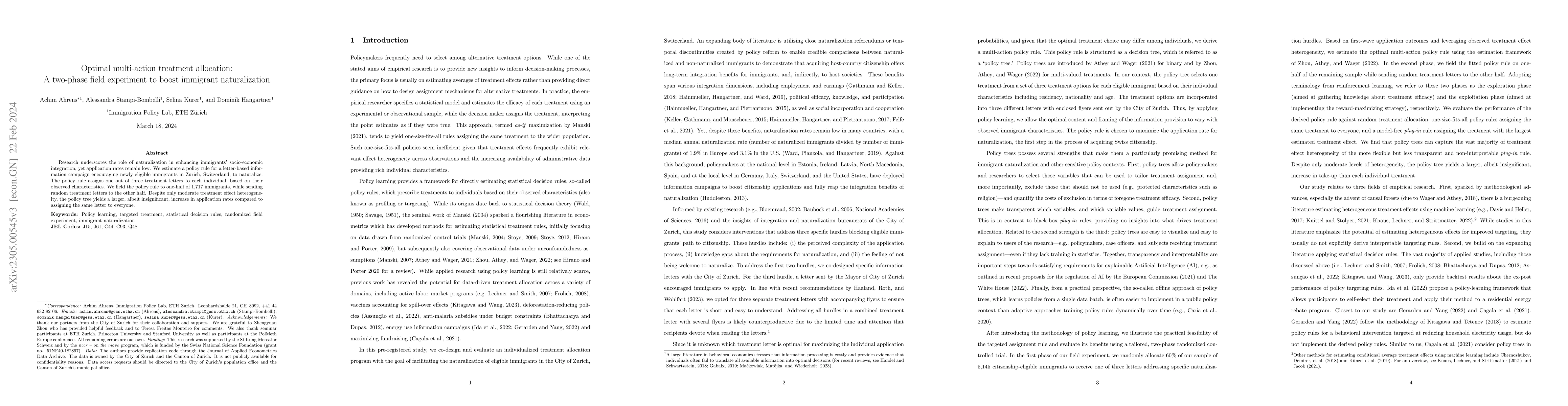 Thumbnail for Optimal multi-action treatment allocation: A two-phase field experiment
  to boost immigrant naturalization