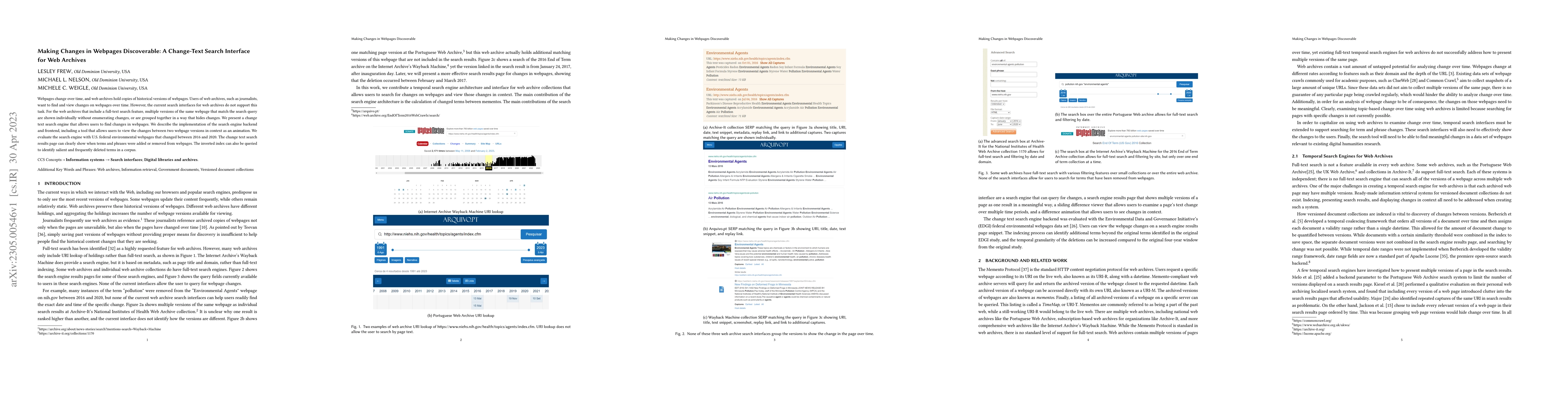Thumbnail for Making Changes in Webpages Discoverable: A Change-Text Search Interface
  for Web Archives