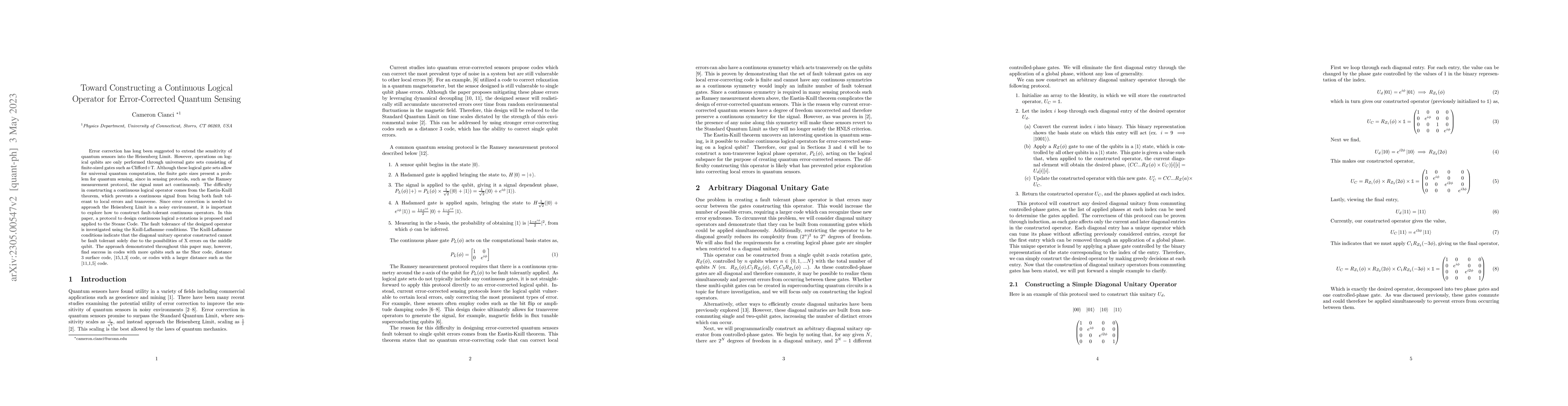 Thumbnail for Toward Constructing a Continuous Logical Operator for Error-Corrected
  Quantum Sensing