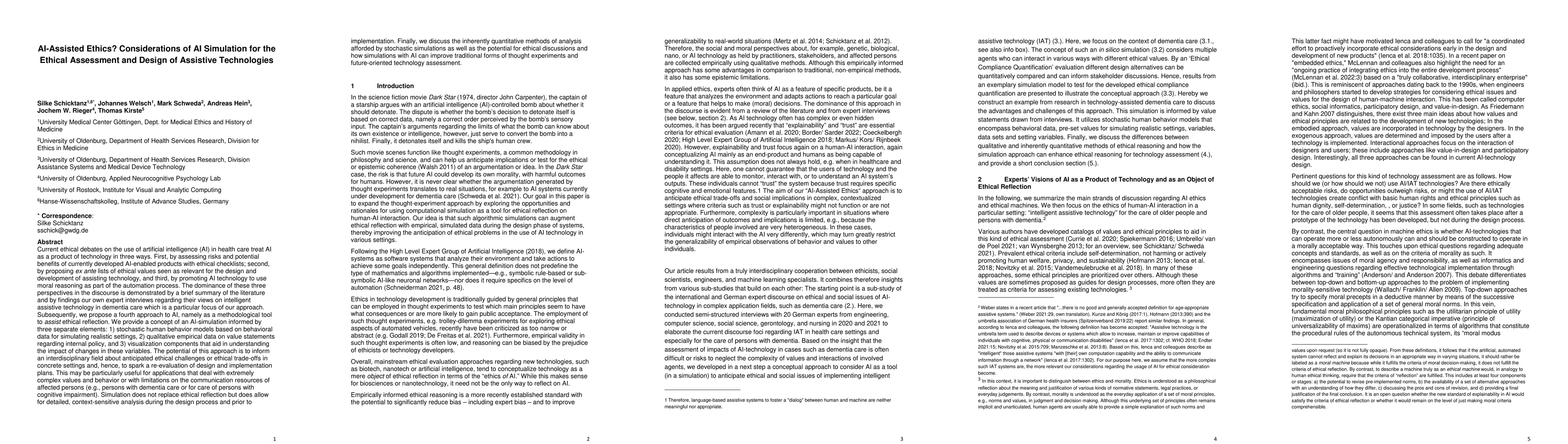 Thumbnail for AI-Assisted Ethics? Considerations of AI Simulation for the Ethical
  Assessment and Design of Assistive Technologies