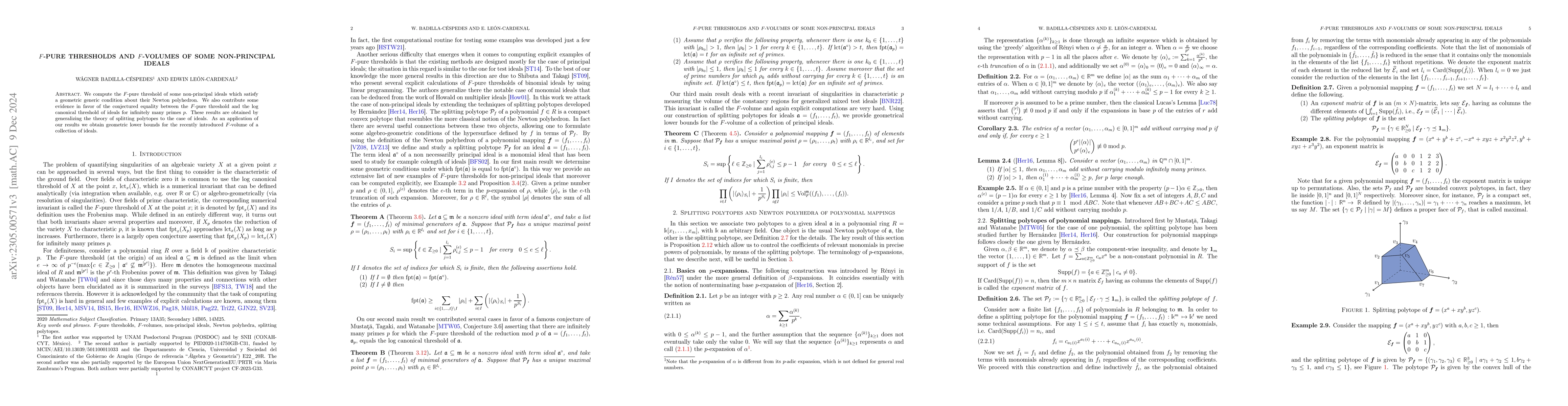 Thumbnail for $F$-pure thresholds and $F$-Volumes of some non principal ideals