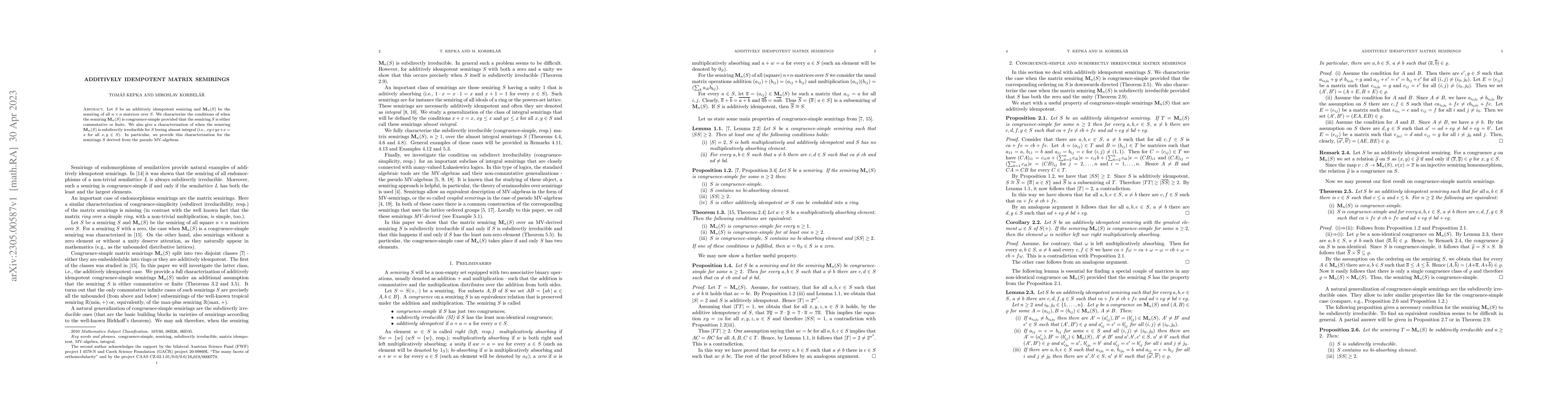 Thumbnail for Additively idempotent matrix semirings