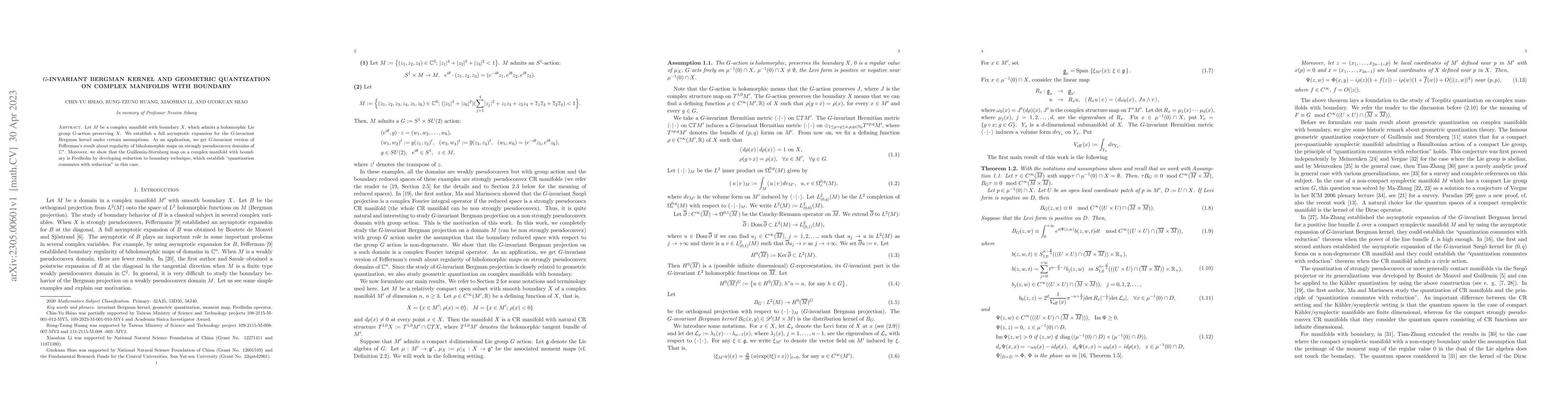 Thumbnail for $G$-invariant Bergman kernel and geometric quantization on complex
  manifolds with boundary