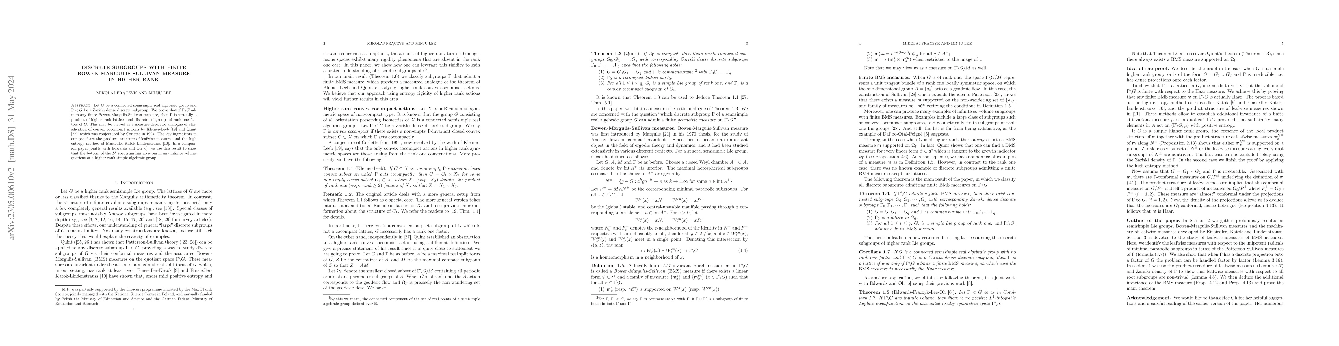 Thumbnail for Discrete subgroups with finite Bowen-Margulis-Sullivan measure in higher
  rank