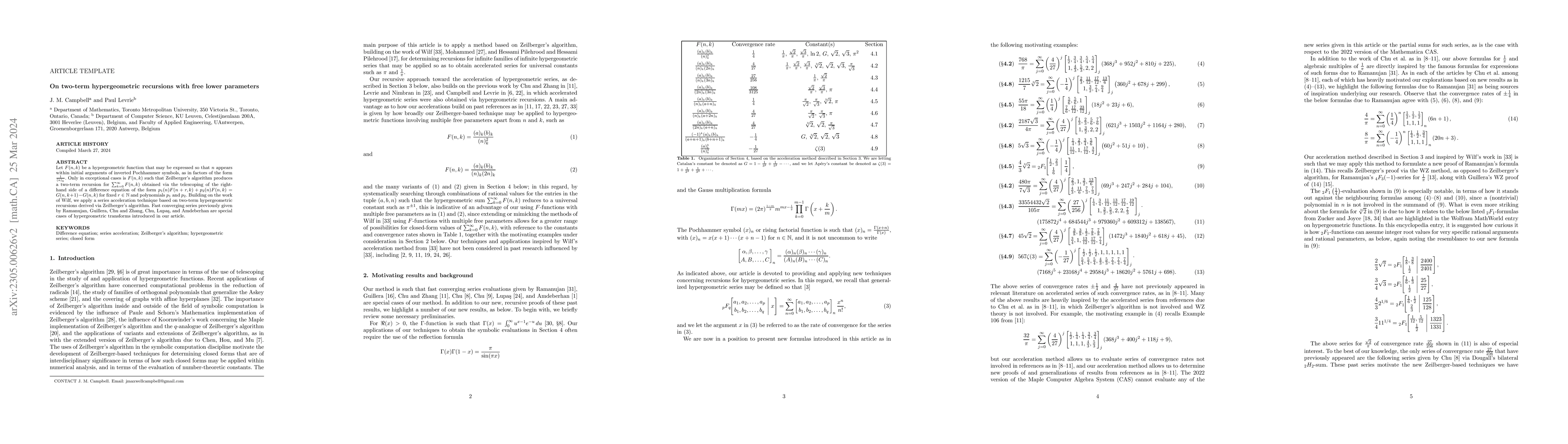 Thumbnail for On two-term hypergeometric recursions with free lower parameters