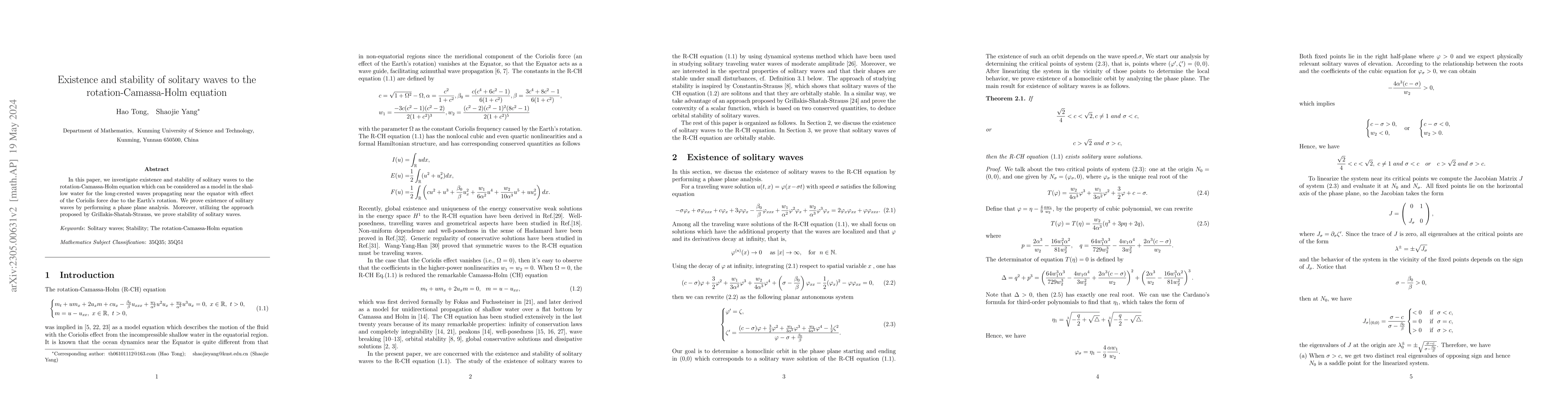 Thumbnail for Existence and stability of solitary waves to the rotation-Camassa-Holm
  equation