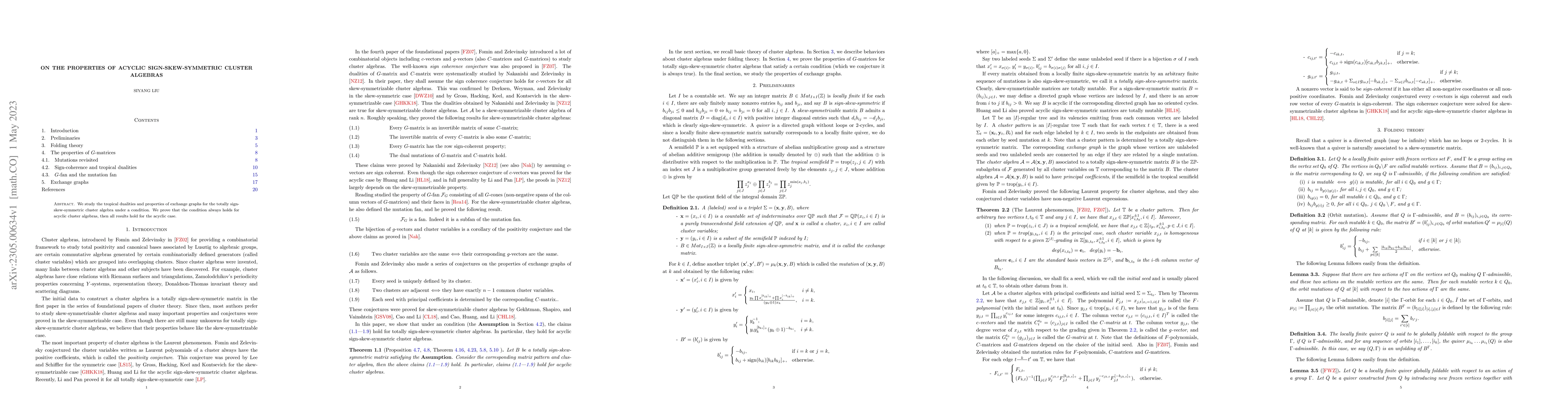 Thumbnail for On the properties of acyclic sign-skew-symmetric cluster algebras